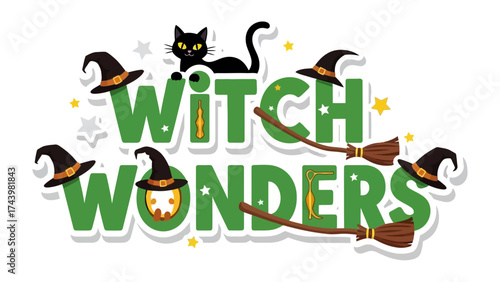 Witch Wonders: A whimsical display of witch-themed elements, featuring stylized hats, a black cat, and a broom, embodying the enchantment and fun of Halloween. 
