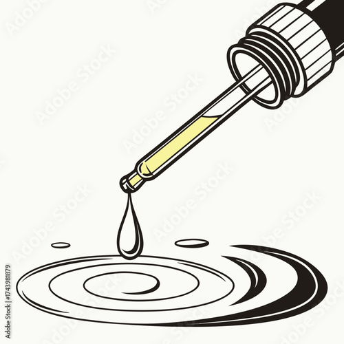Close up of a dropper releasing a yellow liquid drop creating ripples on a white surface