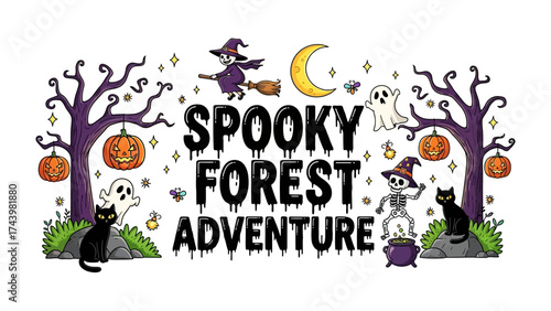 Spooky Forest Adventure: Embrace the whimsical charm of Halloween with playful illustrations. A witch soars on her broom, while ghosts frolic and a skeleton brews a potion under a crescent moon.