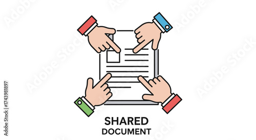 Four hands pointing at shared document symbolizing collaboration and teamwork agreement vector