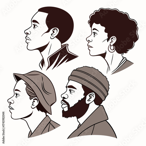 Diverse group of four people in profile view showcasing different hairstyles and headwear representing various ethnicities and styles
