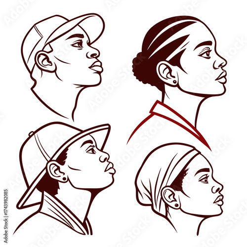 Diverse young people in profile views featuring baseball caps and headscarves in minimalist line art style