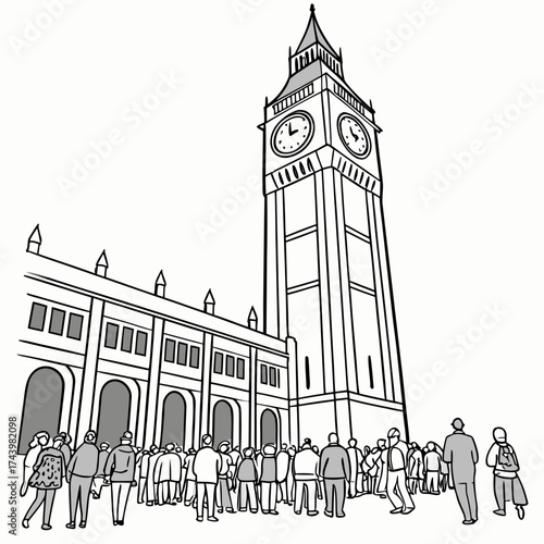Drawing of big ben elizabeth tower and westminster palace with a crowd of tourists gathered below