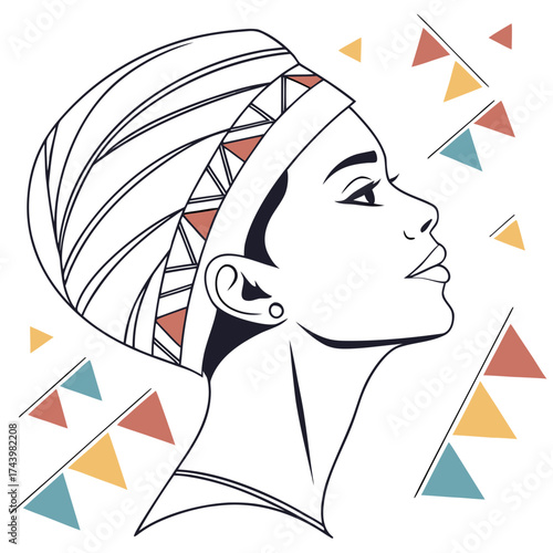 Elegant woman in traditional headwrap with colorful geometric bunting flags celebrating culture and festivity