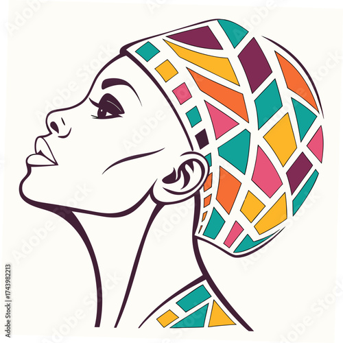 Elegant profile of a woman wearing a colorful mosaic patterned headscarf and clothing
