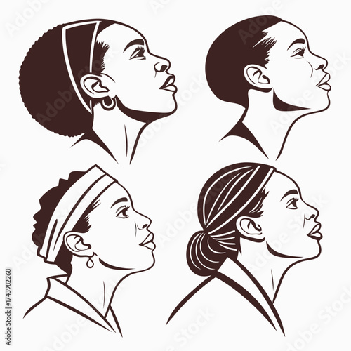 Four diverse black women in profile with different hairstyles and headwear looking upward