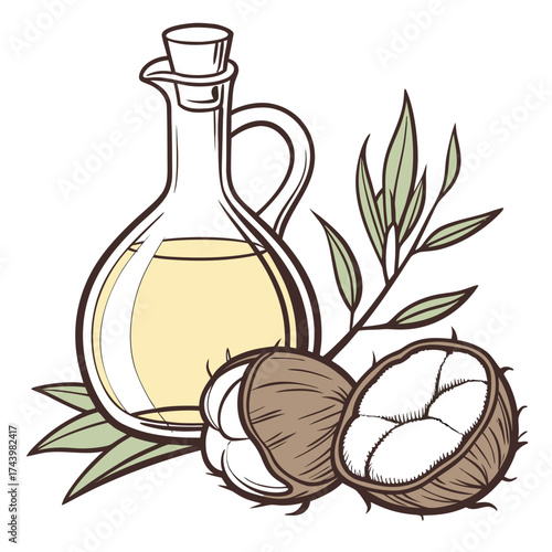 Illustration of a glass bottle filled with golden oil next to a halved coconut and green leaves
