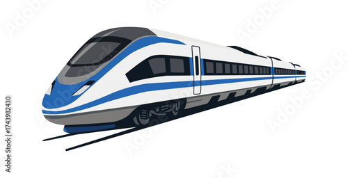 Modern, sleek, blue and white bullet train moving fast.