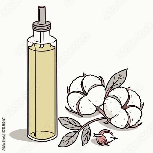 Illustration of a tall glass bottle filled with light yellow liquid next to a cotton plant branch with fluffy white cotton bolls and leaves