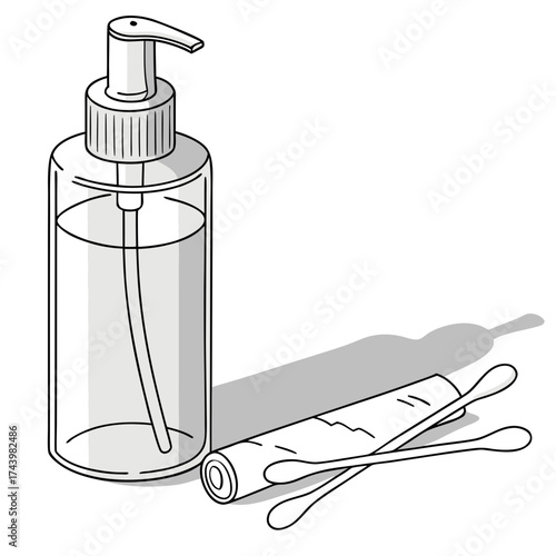 Line art illustration of a clear pump bottle with liquid next to cotton swabs and a rolled towel