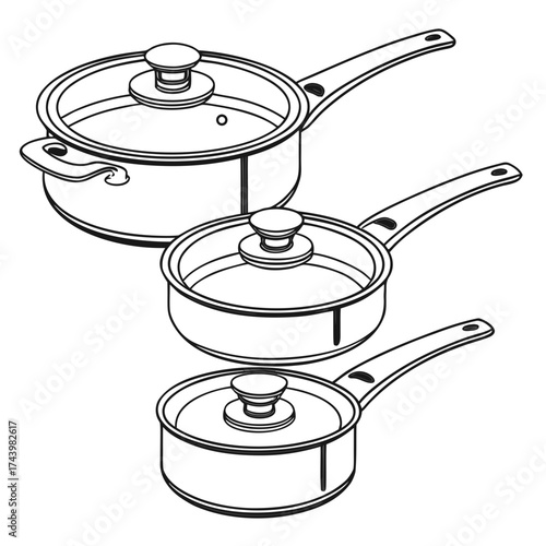 Set of three different sized saucepans with glass lids and handles isolated on white background line art illustration