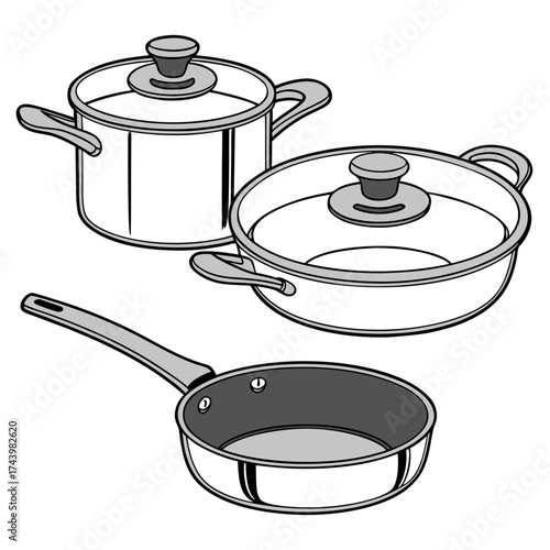 Set of three kitchen cooking pots and pans with glass lids and handles isolated on white background