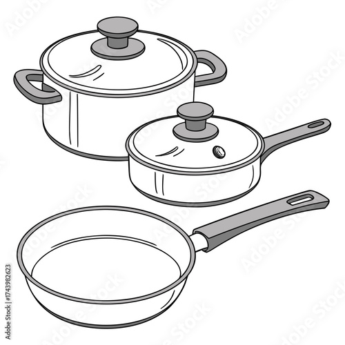 Set of three cooking pots and pans with glass lids and handles isolated on white background