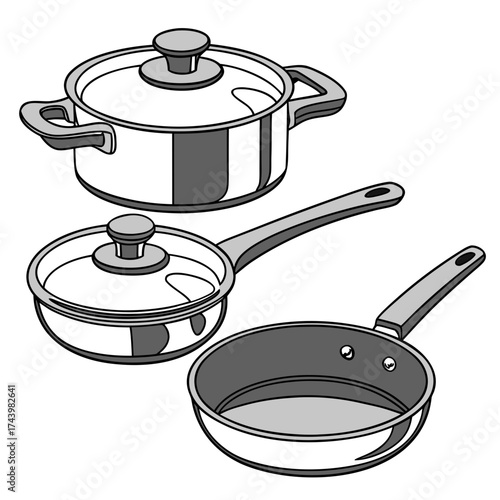 Set of three modern stainless steel cooking pots and pans with lids on a white background