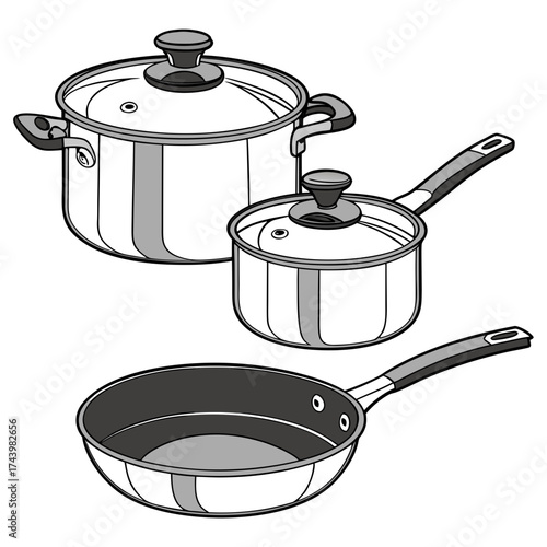 Set of three modern stainless steel cooking pots and pans with glass lids and handles on a white background
