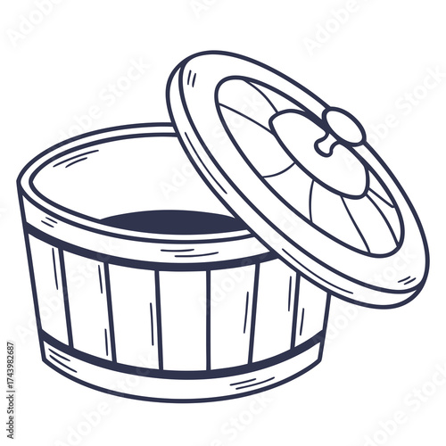 Simple hand drawn outline of an open wooden barrel or bin with a detached lid on a white background