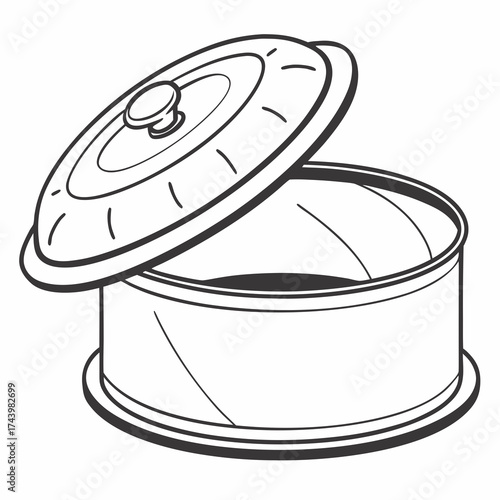Simple line drawing of an open tin can with a slightly ajar lid and a knob on top