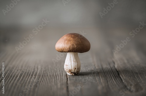 Close-up of shiitake fungi resting on a rustic wooden surface