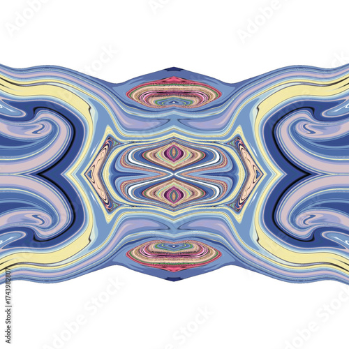 Soft pastel abstract design with flowing curves and mirrored symmetry in blue, pink, and yellow tones. Elegant and serene pattern art. Keywords: pastel, abstract, symmetry, flow, elegant.