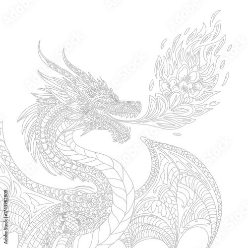 Intricate line art dragon illustration scalable vector graphic for mythical creature design silhouette vector illustration white background