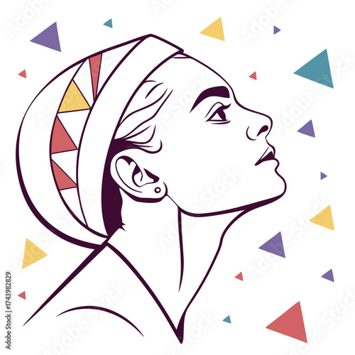 Stylized line art profile of a woman wearing a patterned headscarf surrounded by colorful geometric triangles