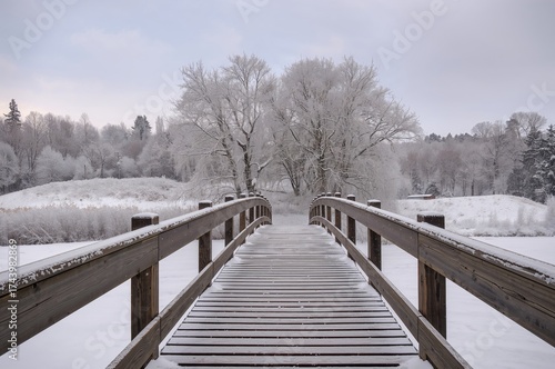 Fototapeta Naklejka Na Ścianę i Meble -  Wooden footbridge covered with snow on a cold winter day