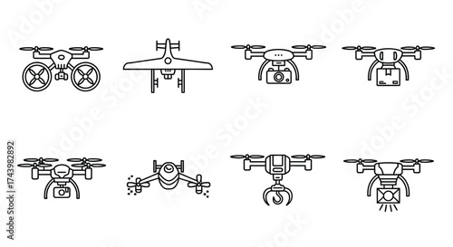 Collection of hand-drawn drone icons featuring multiple angles and designs for technology and aerial photography concepts vector