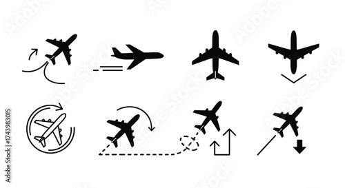 Collection of airplane icons showing flight paths and maneuvers for aviation and travel concepts vector