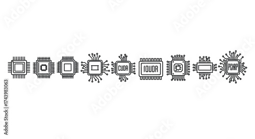 Collection of modern computer microchip and processor icons for technology concepts vector