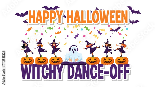 Halloween Witchy Dance-off: A spooky scene unfolds as witches and a ghost revel in the festive spirit of Halloween, creating a witchy dance-off filled with playful energy and vibrant imagery. 