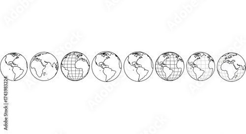Collection of eight hand-drawn earth globes displayed in a linear row for global concepts vector