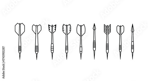Collection of nine detailed dart illustrations showing various shapes and styles for game play vector