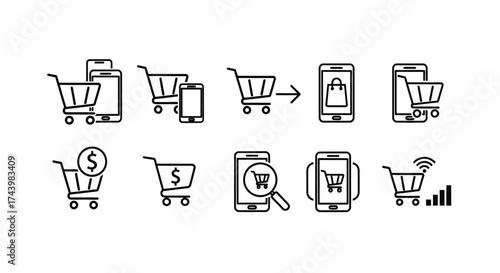 Collection of hand drawn shopping cart icons representing e-commerce and online shopping concepts vector