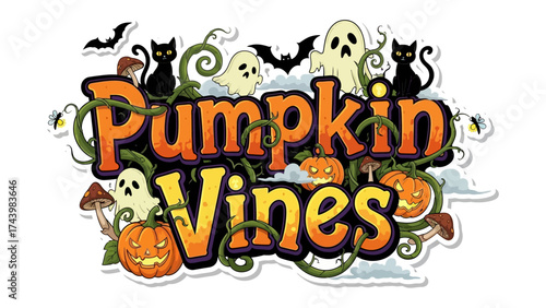 Pumpkin Vines: Vibrant autumn-themed graphic features the word Pumpkin Vines intertwined with elements of the season, including cheerful pumpkins, spooky ghosts, and playful bats.