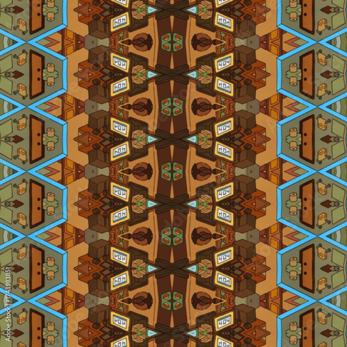 Abstract kaleidoscope digital art featuring geometric office motifs and a "404" tech sign pattern. Modern symmetry and technology fusion design. Keywords: abstract, pattern, digital, kaleidoscope, tec