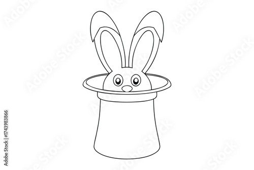 A cartoon bunny with big eyes peeking out a magician's top hat rabbit