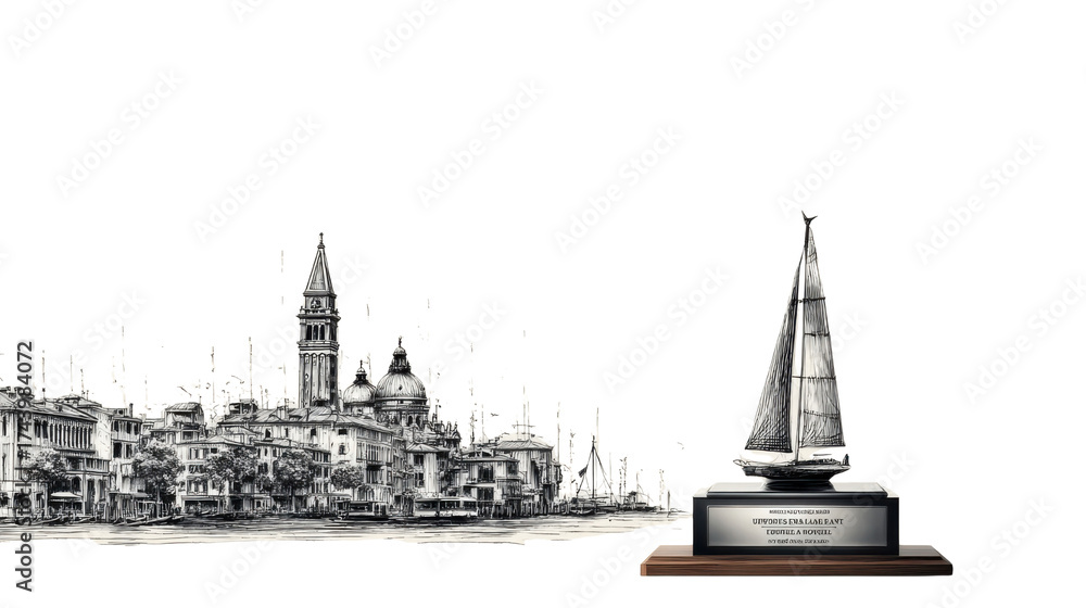 Obraz premium Sailboat Trophy with Venice City Sketch on White Background