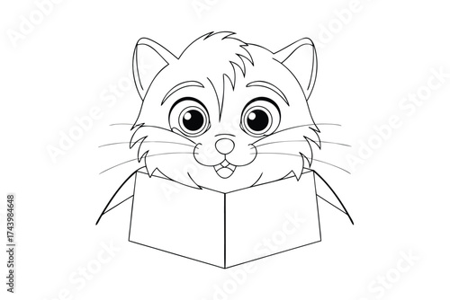 A cartoon cat peeking out a cardboard box outline kitten animal
