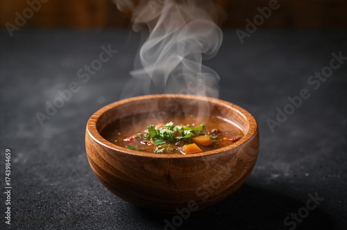 Steaming soup in a wooden b...