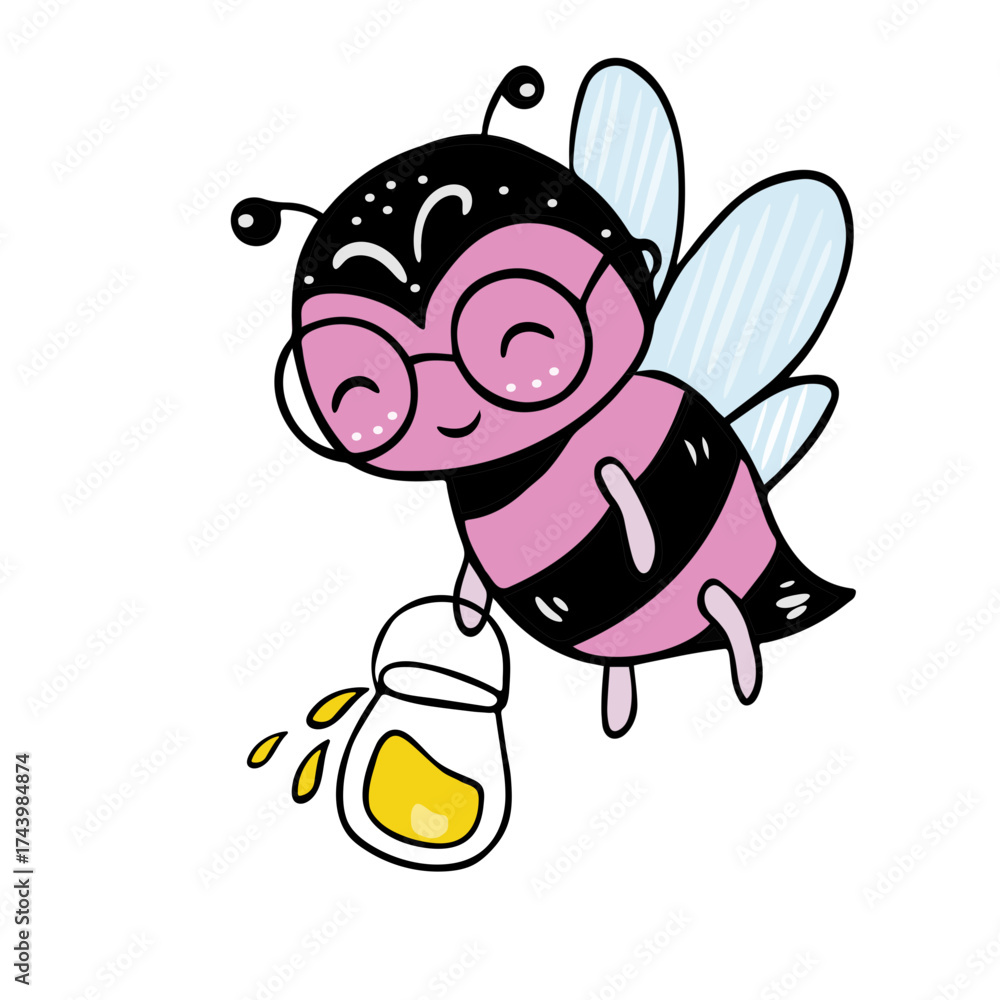 Obraz premium Illustration of a cute cartoon pink bee