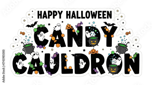 Happy Halloween: Candy Cauldron, a festive and vibrant display for the spooky season. Featuring spooky, and delightful characters such as bats, ghosts and cauldron.