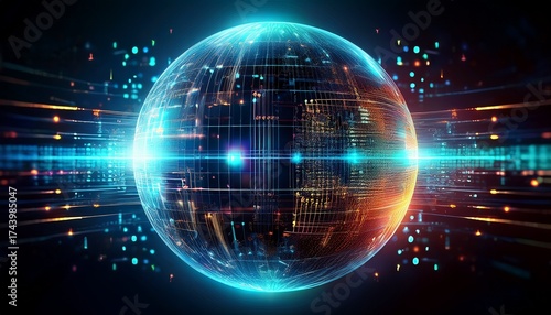 Wallpaper Mural futuristic digital sphere with glowing data streams on dark background Torontodigital.ca
