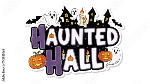 Haunted Hall Illustration: Spooky scene featuring a Haunted Hall with halloween objects such as ghost, candle, pumpkin. capturing the thrill of the halloween spirit