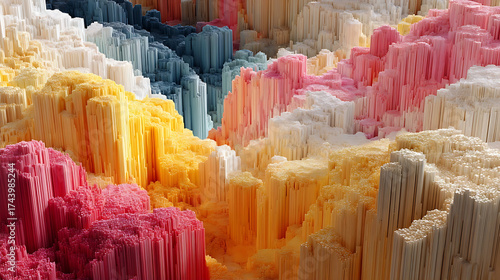 Pastel Terrain of Crystalline Columns: A Digital Landscape of Abstract Peaks and Harmonious Depth