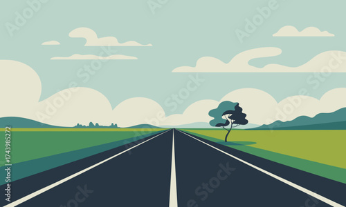 Scenic road trip adventure into the countryside with blue sky and green fields leading into the distance