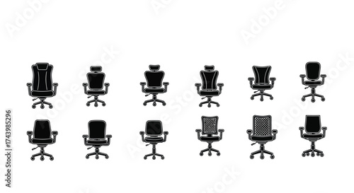 Collection of modern office swivel chairs in silhouette viewed from front vector