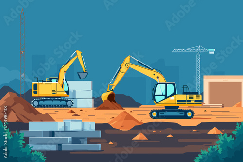 Excavators working diligently to prepare construction site with heavy machinery and materials