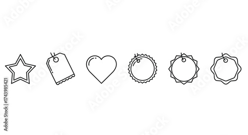 Hand drawn sketchy icons set star tag heart circle and hexagon shapes with string ties vector