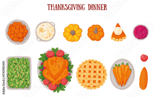 Thanksgiving day, family dinner. Hand drawn flat style. Thanksgiving food collection. Top view  illustration. Festive dinner with turkey and potato, apple pie, vegetables, fruits. Autumn food