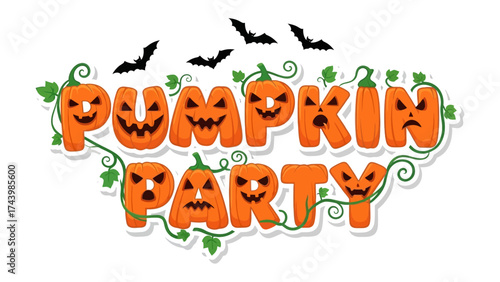 Pumpkin Party: A festive title design for the Halloween season, featuring carved pumpkins with various expressions, complemented by bats. 